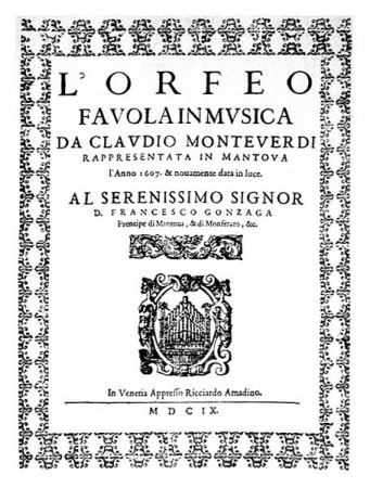 Titulka Monteverdiho opery Orfeus, vydanie z roku 1609